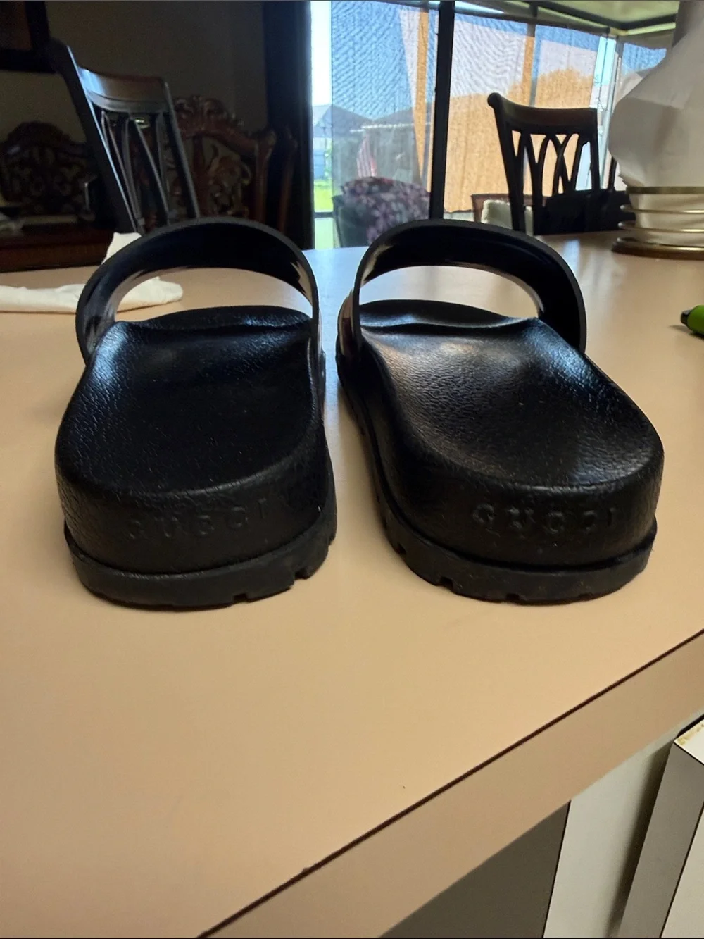 Gucci Black Slide Sandals with Red and Green Stripes